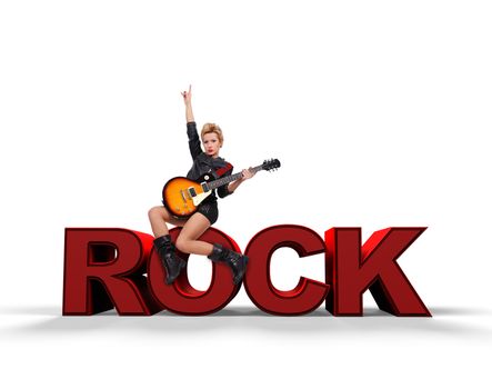 rock girl sitting on a rock text and playing on electric guitar