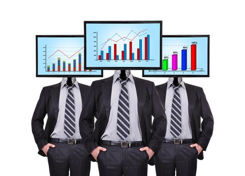 three businessman and monitor with chart for a head