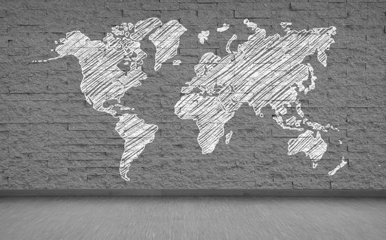 drawing world map on gray brick wall