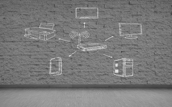 drawing wi-fi scheme on gray brick wall