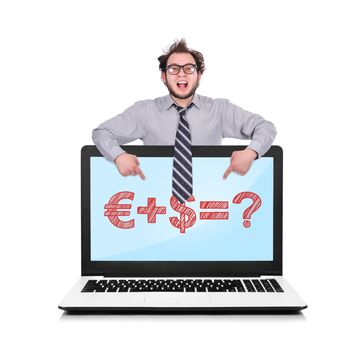 happy businessman pointing to laptop with business formula