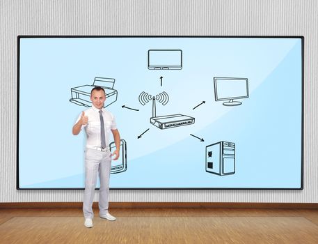 Young businessman showing thumb up and screen with wi-fi scheme