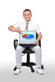 man sitting on chair and holding laptop with chart