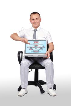 businessman sitting on chair and holding laptop with business scheme