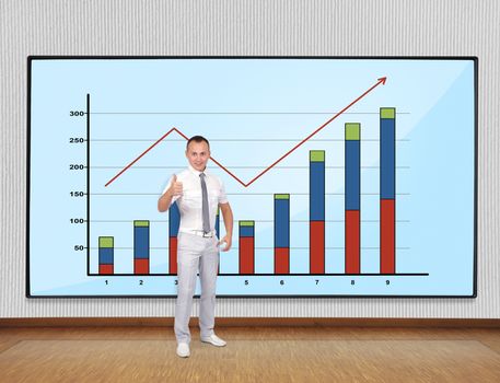 Young businessman showing thumb up and screen with chart