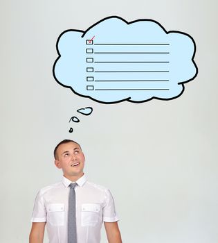 businessman and speech bubbles with check box over head