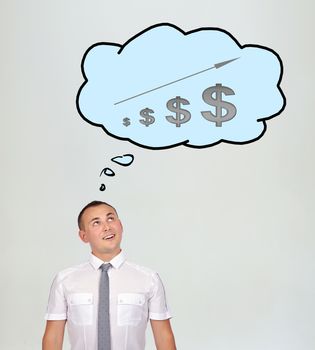 businessman and speech bubbles with chart over head