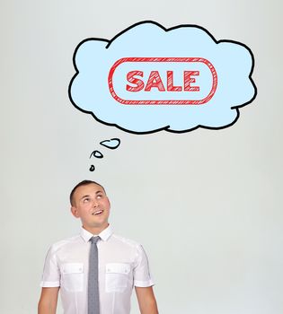 businessman and speech bubbles over head, sale concept