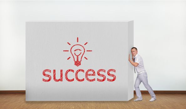 businessman pushing concrete wall with success symbol