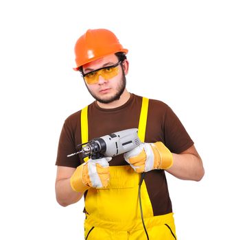 builder holding drill on a white background