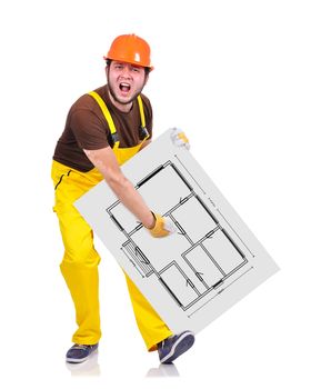 builder holding poster with drawing plan apartment