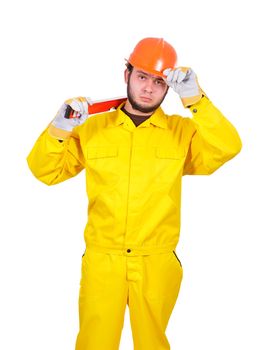 builder with helmet on a white background