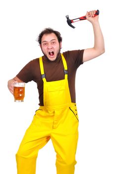 Crazy construction worker with hammer and beer
