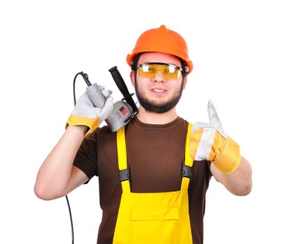 builder holding drill and showing thumb up