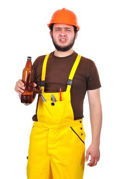 builder with drink and hammer on a white background