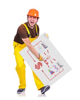 builder holding poster with drawing idea concept