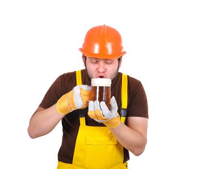 builder drinking beer on a white background