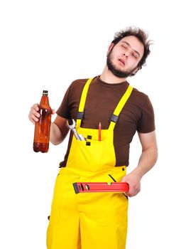 builder with beer and wasserwaage on a white background