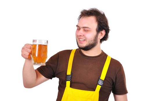 happy builder with beer on a white background