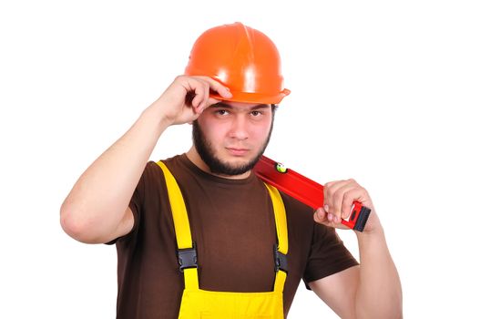 builder holding water level on a white background