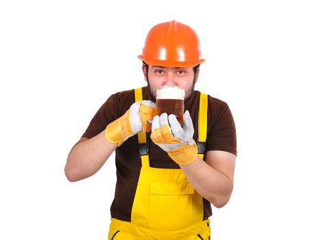 builder drinking beer on a white background