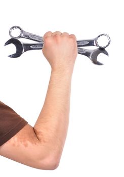 Worker holding wrench isolated on white