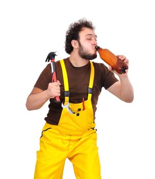 builder with beer and hammer on a white background
