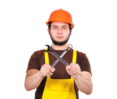 builder holding wrench on a white background