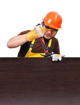 builder with hammer on a white background