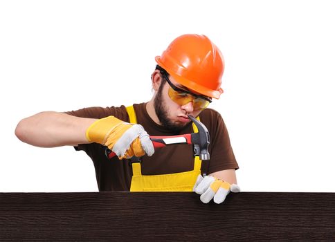 builder with hammer on a white background