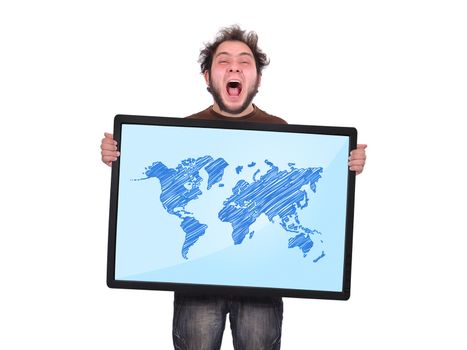 crazy man holding plasma panel with world map