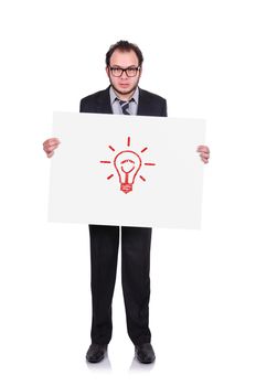 businessman holding a placard with drawing lamp