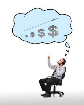 businessman sitting in chair and pointing to cloud with chart