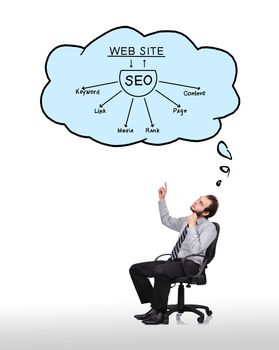 businessman sitting in chair and pointing to cloud with plan seo