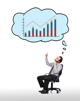 businessman sitting in chair and pointing to cloud with chart