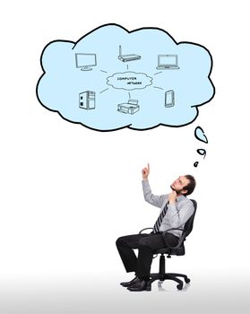 businessman sitting in chair and pointing to cloud with wi-fi concept