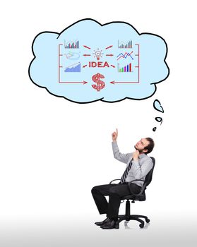 businessman sitting in chair and pointing to cloud with  business concept