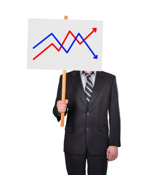 businessman in suit holding signboard with graph of profits