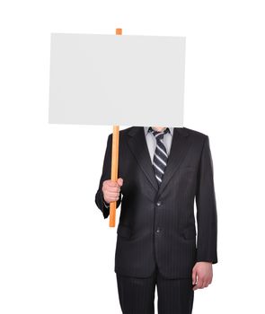 businessman in suit holding blank signboard