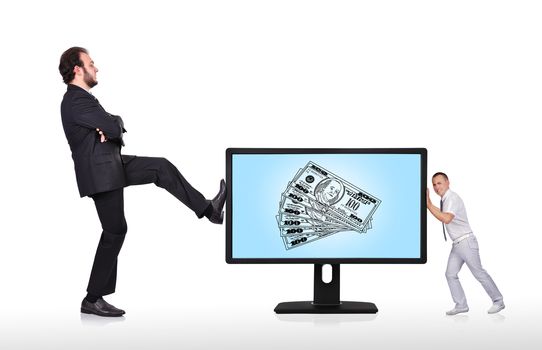 two businessman pushing big monitor with money