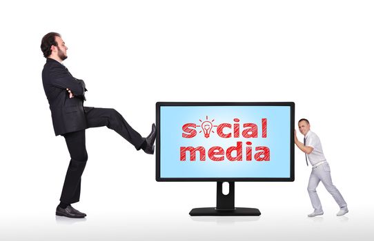 two businessman pushing big monitor with social media