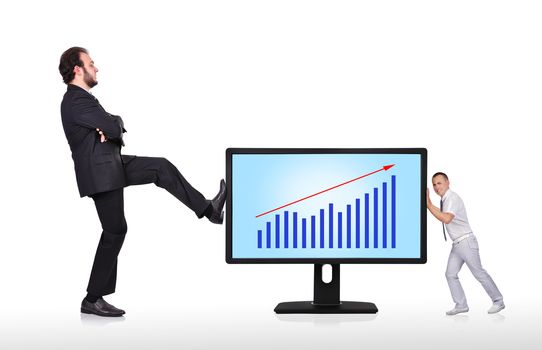 two businessman pushing big monitor with chart
