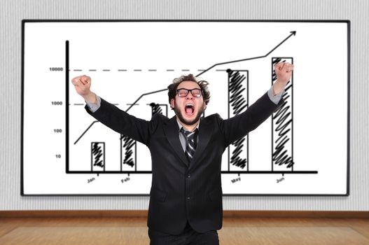 crazy  businessman and blackboard with chart