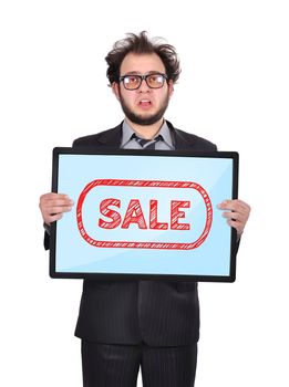 sad businessman holding plasma panel with sale