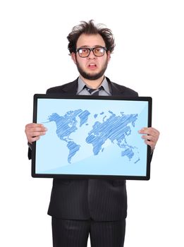 sad businessman holding plasma panel with world map