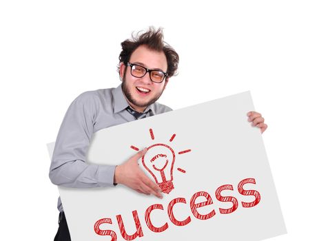 crazy businessman holding signboard with success symbol
