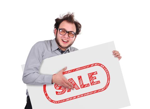 crazy businessman holding signboard with sale