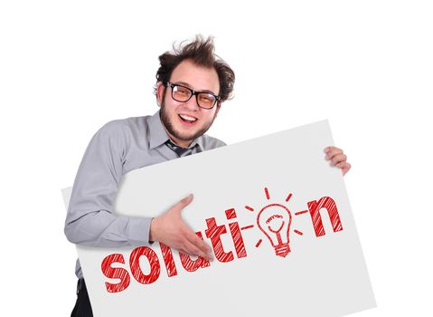 crazy businessman holding signboard with solution
