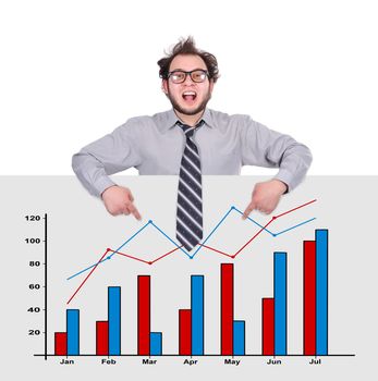 happy businessman pointing to poster with chart