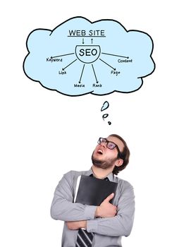 accountant and speech bubbles with plan seo over head